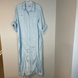 Chicos Light Blue Tencel Maxi Shirt Dress Size 4 (XXL) Roll Tab Pockets Resort
